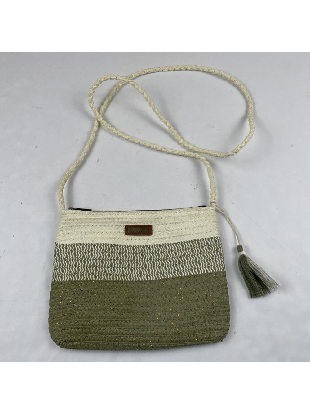 Sun N Sand Woven Straw Crossbody Bag Boho Style Tassel Fabric Lined Sage Cream